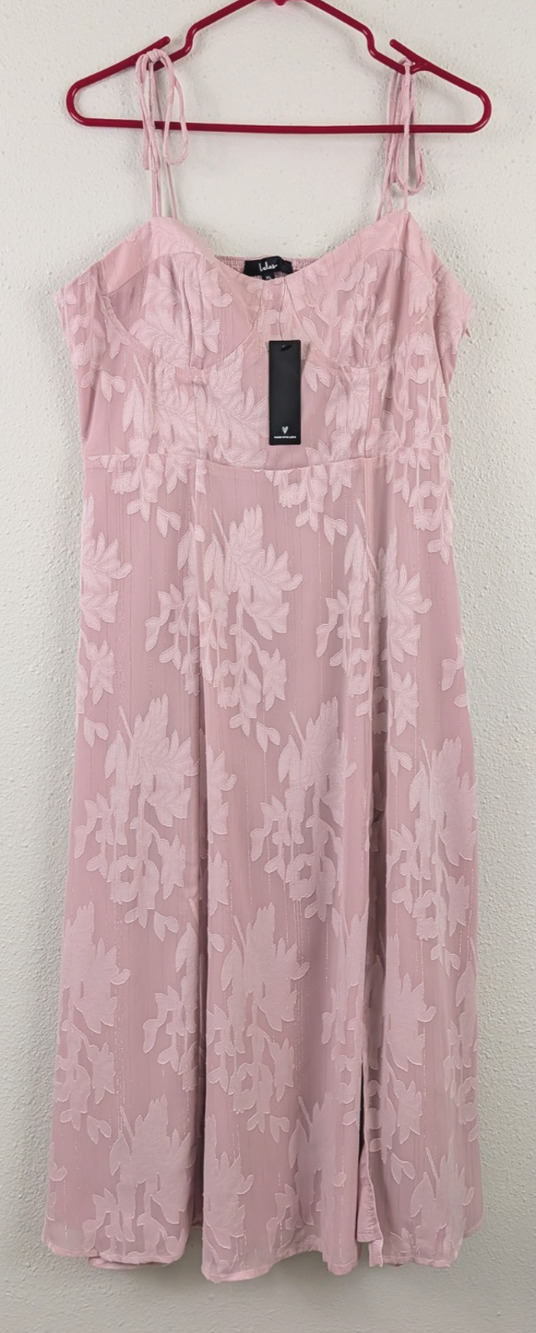 Lulus sz XL Dress midi length Fit & flare pink floral metallic silver shine 4929
